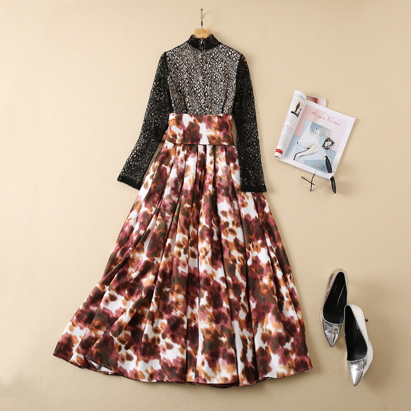 Lace Stitching Leopard Print Acetate Oversized Skirt Long Sleeve Dress