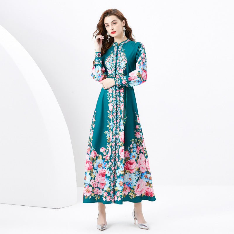 Retro Stand Collar Single-breasted Lantern Sleeve Printed Wide Swing Long Dress