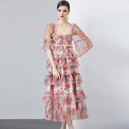 Heavy Industry Net Yarn Printed Cake Dress