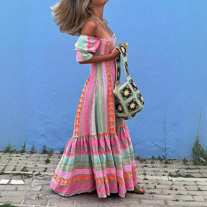 Vestido de cuello cuadrado con bloques de color y patrón geométrico a la moda para mujer