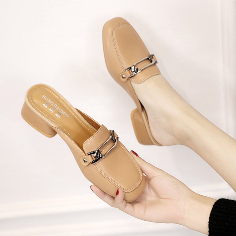 Square Toe Chunky Heel Mules Shoes Comfortable Women's Slippers