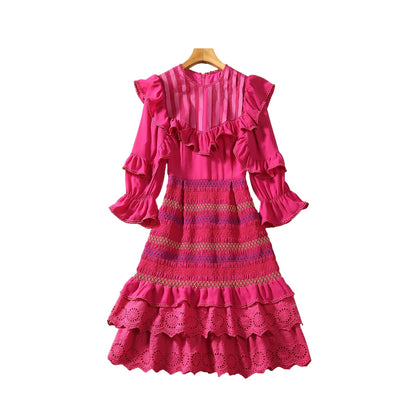 Patchwork Ribbon Water Soluble Ruffled Smocking Elastic Waist 34 Sleeve Dress