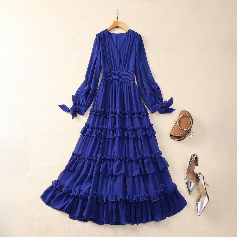 V-neck Pleated Strip Waist-controlled Long Sleeves Dress