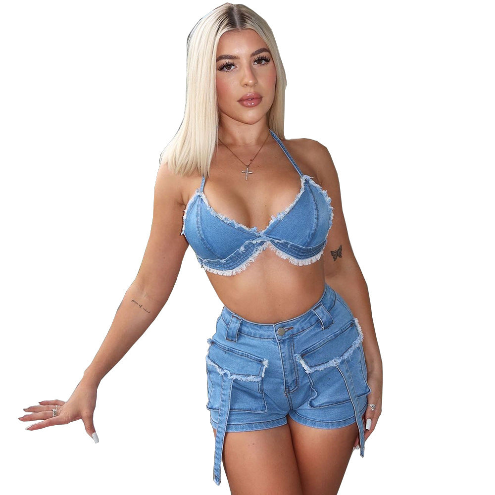 Women With Tassel Pocket Wash Navel Backless Denim Suit