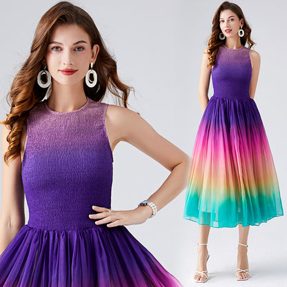 A- Line Rainbow Gradient Chiffon Dress