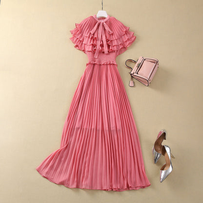 Silver Silk Pleated Elastic Waist Dress