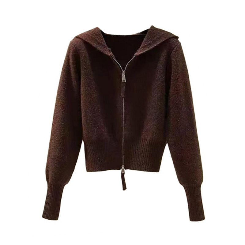 Pull à capuche courte et double fermeture éclair pour femme