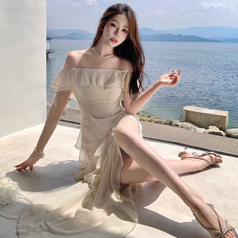 Off-shoulder Dress Spring Temperament Design Lotus Leaf Irregular