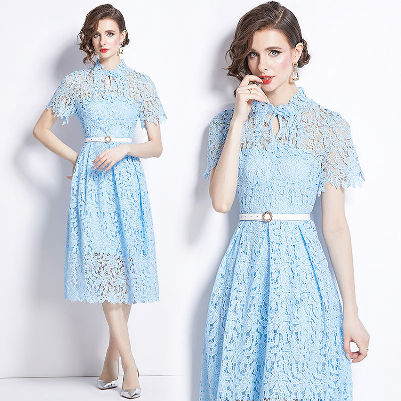 Blue Water Soluble Lace Uneven Collar Dress