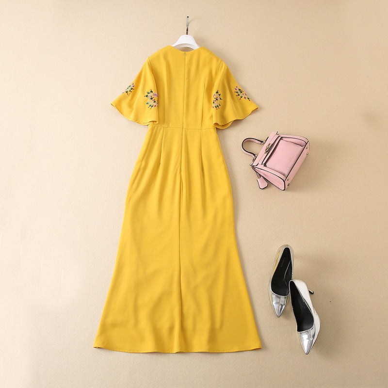 Machine Embroidery Lotus Leaf Sleeve Yellow Dress