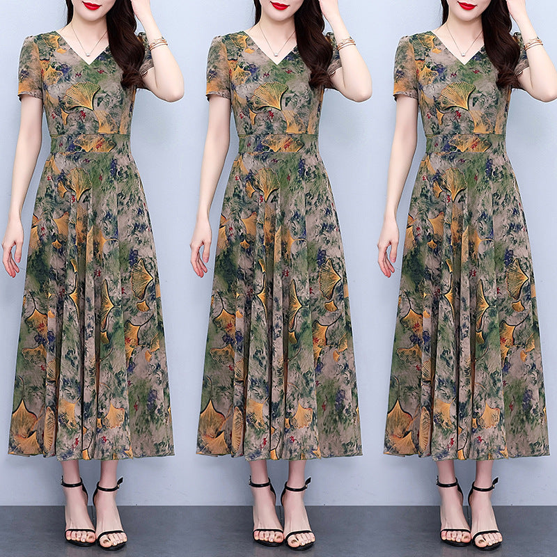 Spring And Autumn Chiffon Floral Dress Plus Size