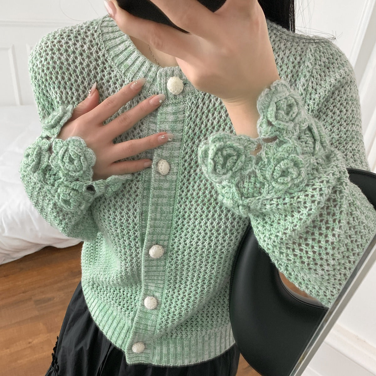 Round Neck Early Velvet Thick Cashmere Cardigan Women's Green Hollow Sweater Cuff Crochet