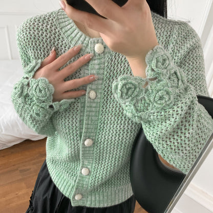 Cárdigan de cachemira gruesa de terciopelo temprano con cuello redondo Suéter hueco verde para mujer Puños de crochet