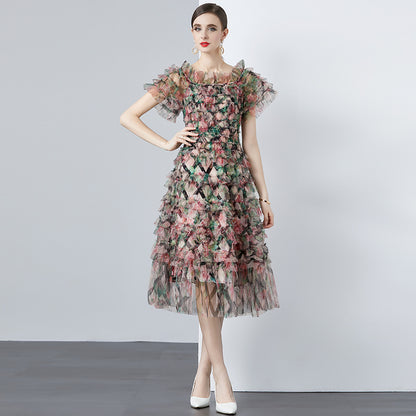 Mesh Blooming Printing Fungus Dress