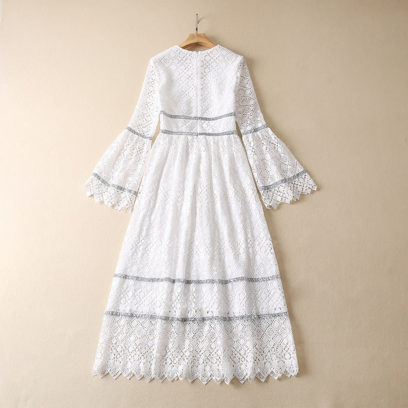 V-neck Crocheted Flower Water Soluble Bell Sleeve Dress