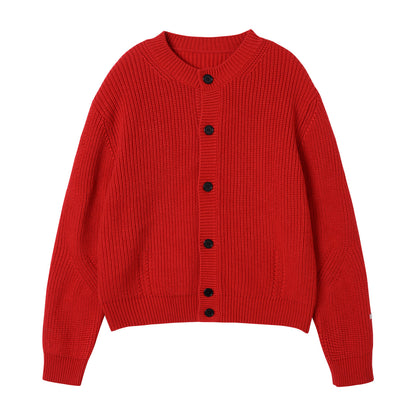 Suéter tipo cárdigan de punto de manga larga con cuello redondo y giro rojo estilo inactivo para mujer, abrigo de otoño e invierno con relleno de aguja de lingote