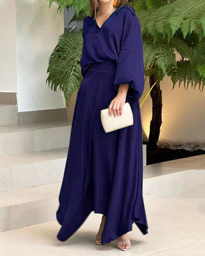 European And American Foreign Trade Women's Clothing New Loose Plus Size Solid Color Long-sleeved Top High Waist Long Skirt Suit