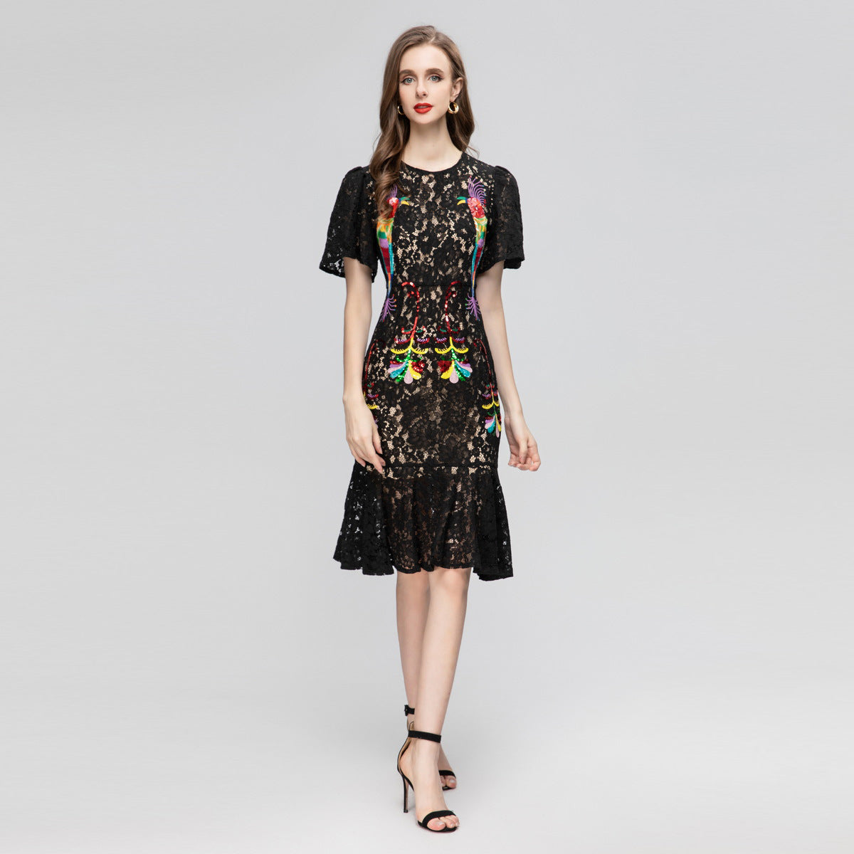 Colored Beads Embroidered Parrot Short Sleeve Lace Dress