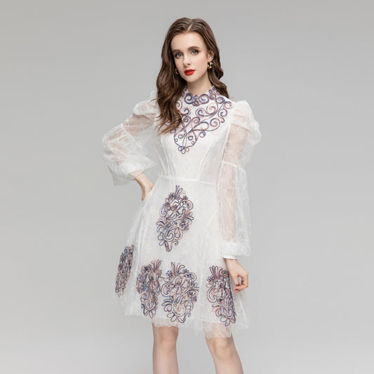 Heavy Industry Plate Flower Mesh Long Sleeve Dress