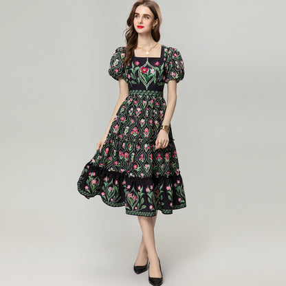 Vintage Print Romantic Dress Women