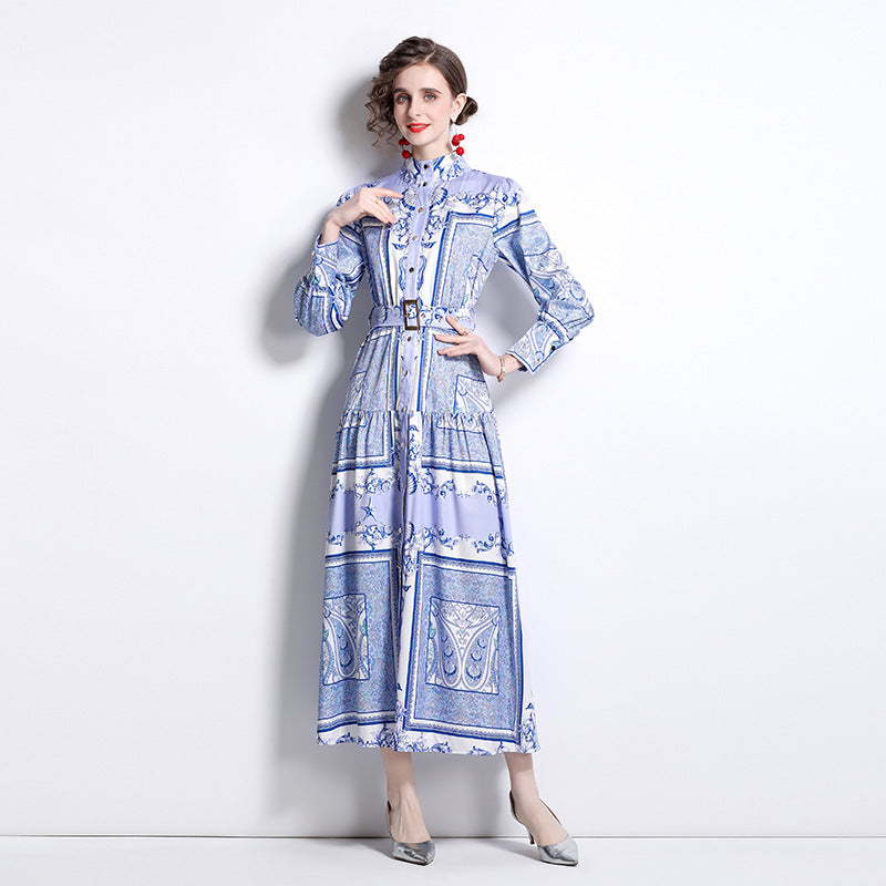 Vintage Totem Printing Temperament Long Sleeve Large Swing Dress