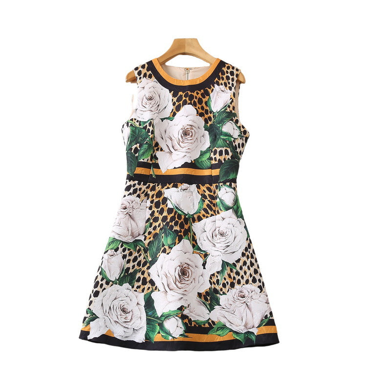 Sleeveless Waist Leopard Print White Rose Dress