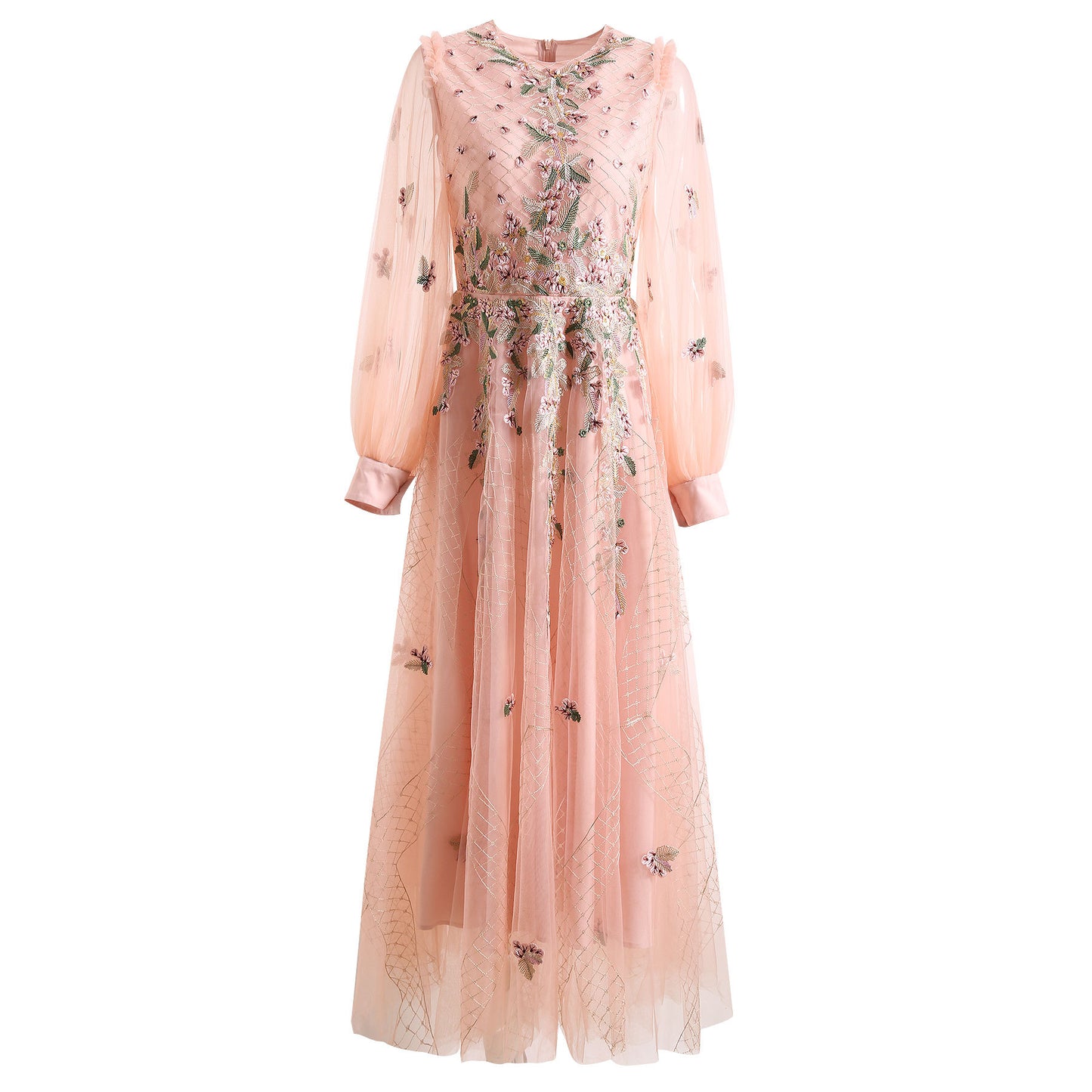 Embroidery Flower Sequin Gauze Wide Hem Long Sleeve Dress