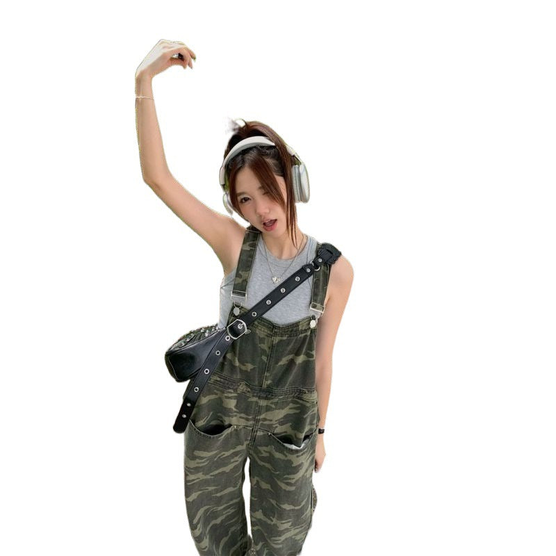 American Camouflage Shoulder Strap Jeans Women