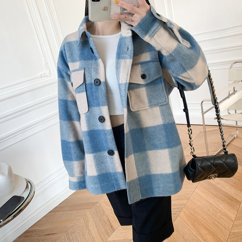 Wool Plaid Short Coat Shirt Collar Women's Loose Top Woolen Coat For Men And Women