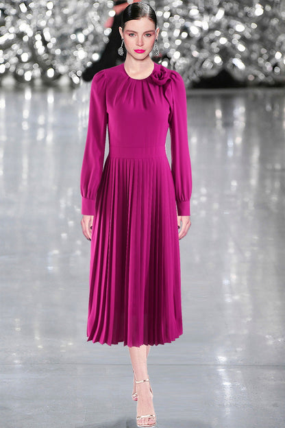 Panhua Pleated Round Neck Pleated Puffy Long Sleeve Dress