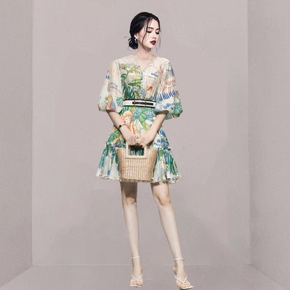 Retro Lantern Sleeve Waist Slimming Green Printing Dress