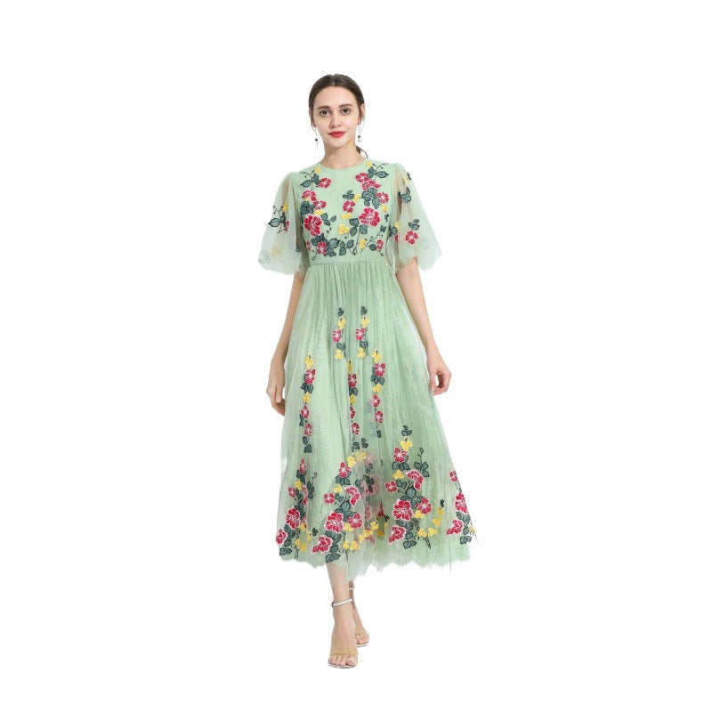 Vestido de encaje de flores bordado con posicionamiento de swing de gran tamaño Verde