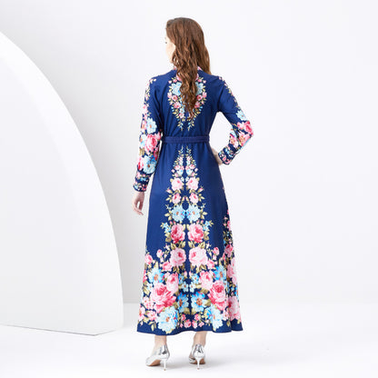 Stand Collar Single-breasted Lantern Sleeve Printed Wide Swing Long Dress