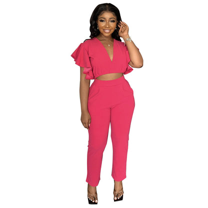 Women's Fashion Sexy Deep V Midriff-baring Top Straight-leg Trousers Casual Two-piece Suit