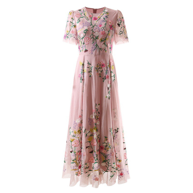 Machine Embroidery Floral Round Neck Short Sleeve Dress