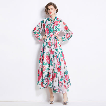 Slimming A- Line Rose Printed Chiffon Dress