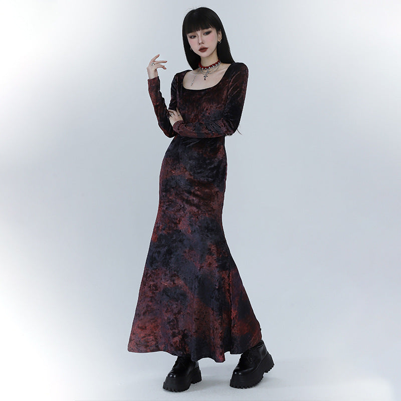 Ghost Girl Black Red Velvet Fishtail Dress