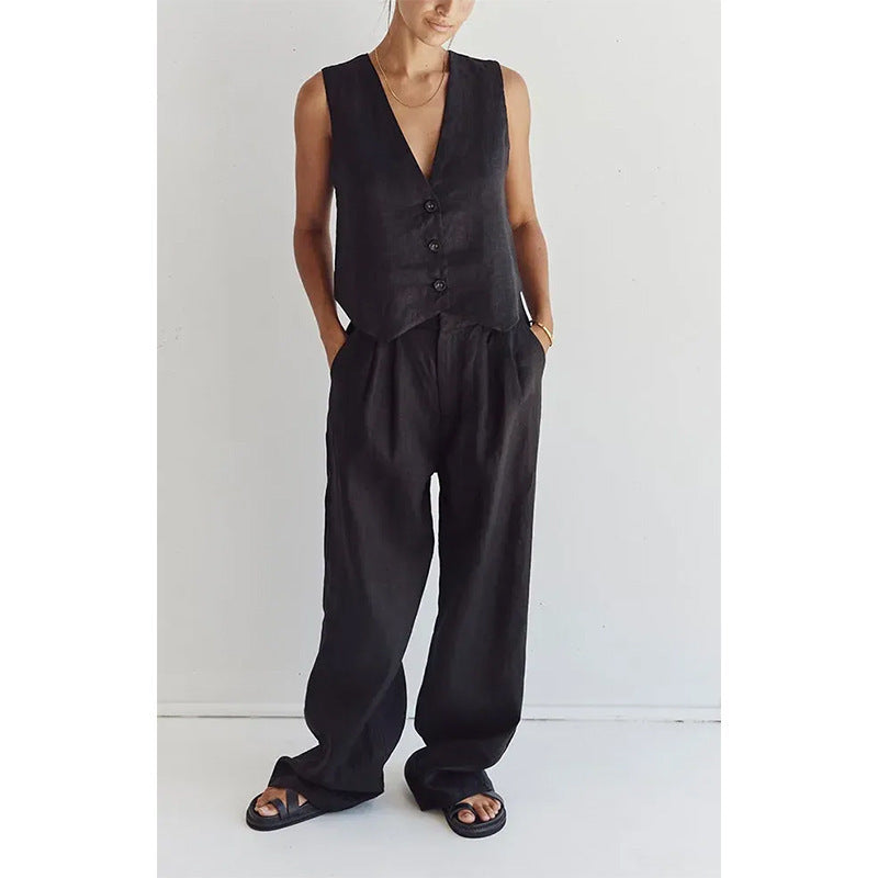 Cotton Linen Vest Wide Leg Pants Fashion Suit