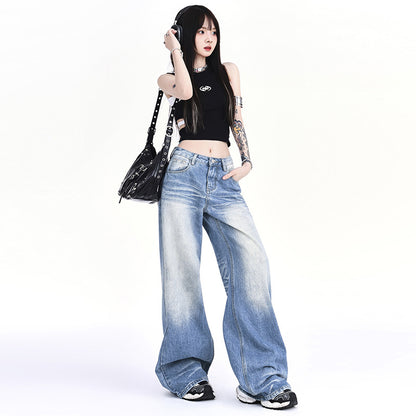 Mopping Loose Worn Looking Washed-out Denim Straight Wide-leg Pants