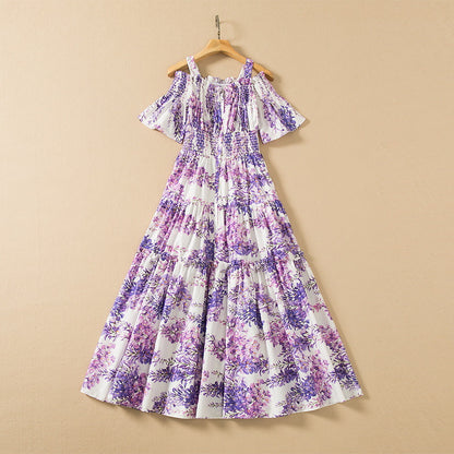 Off-neck Large Hem Wisteria Flower Elastic Waist Dress