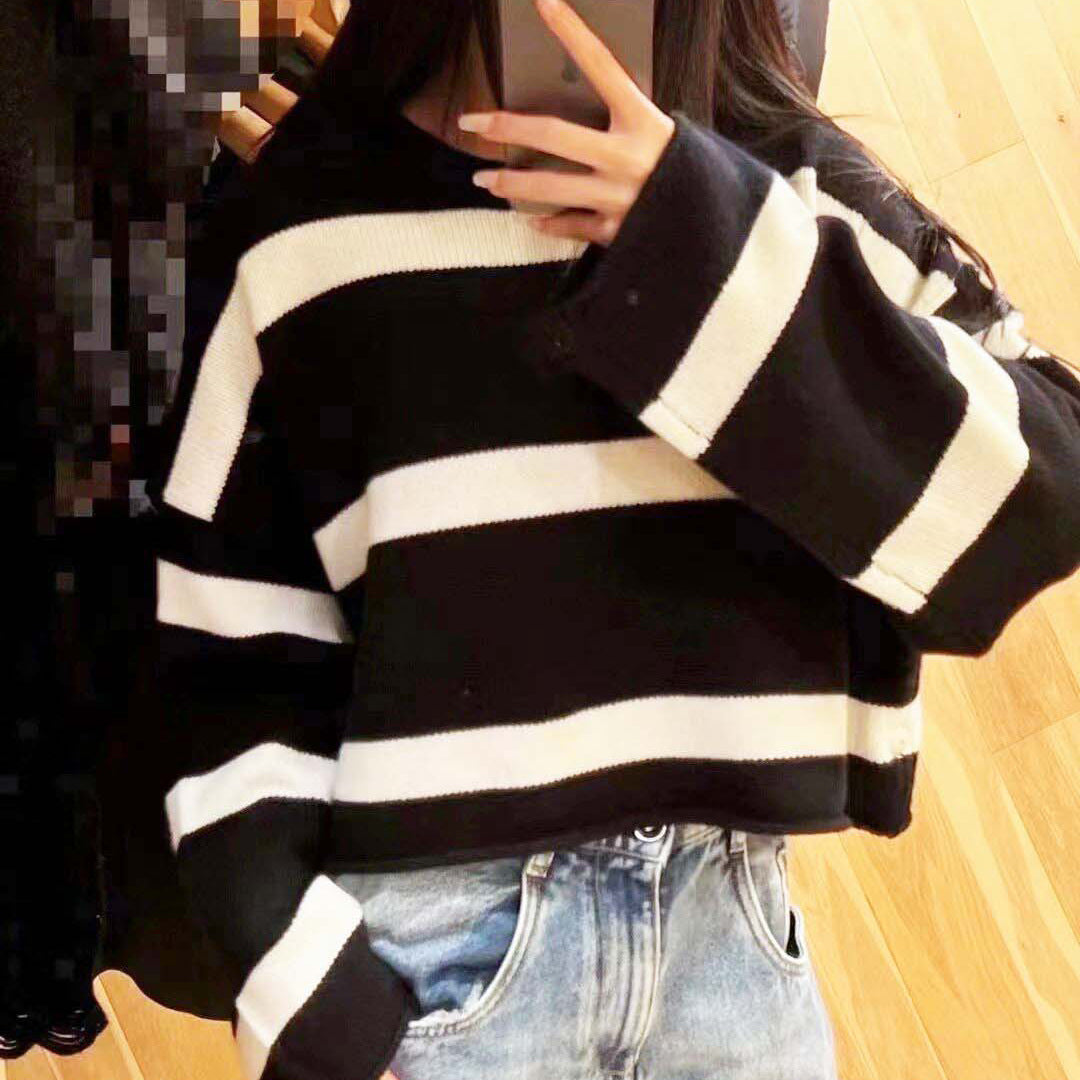 Wool Striped Sweater Curly Embroidered Striped Sweater Leisure Style Round Neck Casual Top Women