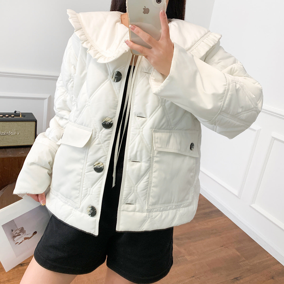 Olive Detachable Ruffled Quilted Lapel Jacket Coat Thin Cotton Clothing