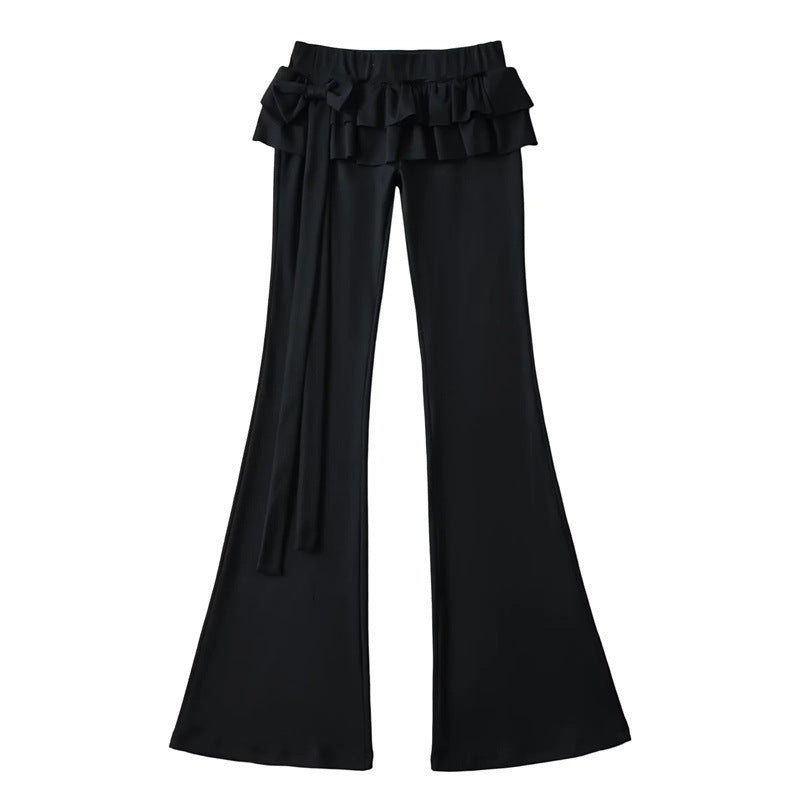 Niche Double-layer Ruffled Ribbon Low Waist Bootcut Trousers