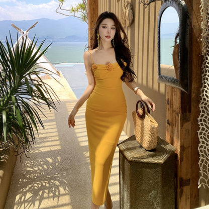 Rose Bud Tight Elastic Waist-tightening Yellow Gallus Dress