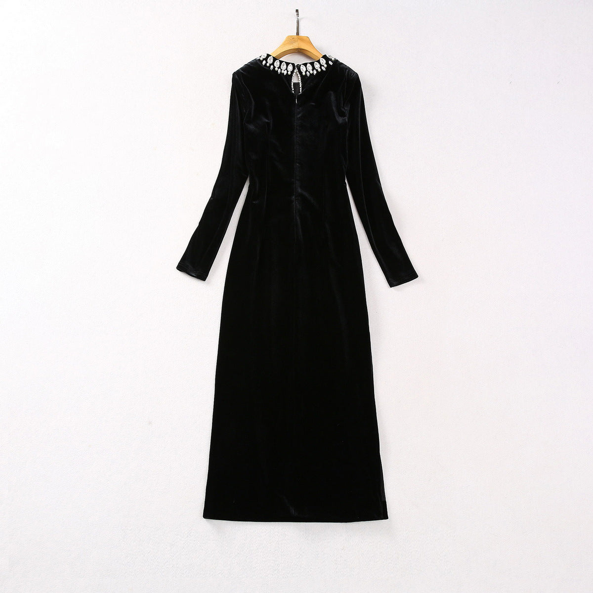 Round Neck Bead Diamond Velvet Long Sleeves Dress