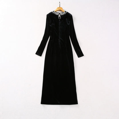 Round Neck Bead Diamond Velvet Long Sleeves Dress