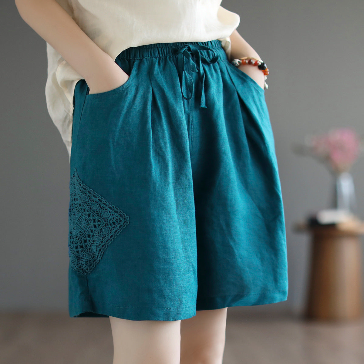 Linen All-matching Stitching Thin Wide Leg Cotton Linen Lace High Waist Leisure