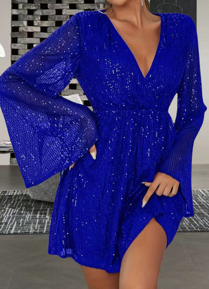 Vestido de noche de fiesta para personas mayores adelgazante con cintura de lentejuelas y cuello en V