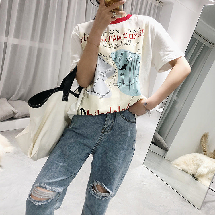 Cotton Loose Dancer Print T Couple Short Sleeve Cotton T-shirt Loose Men And Women Same Style