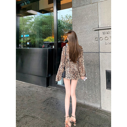 Leopard Print Lace-up Loose Hot Girl Drape Long Sleeve Shirt Top